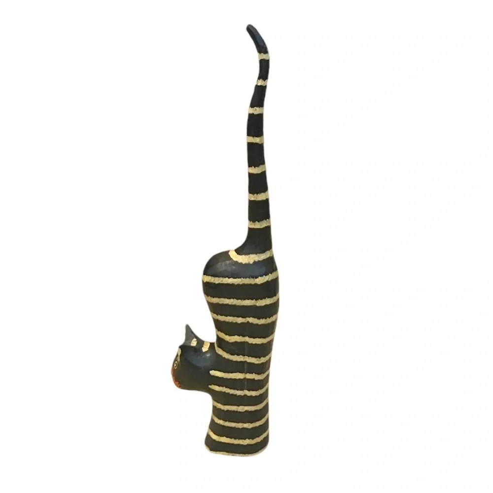 Carved Wood Hand‎ Painted Long Tail Striped Cat Figurine Ring Holder